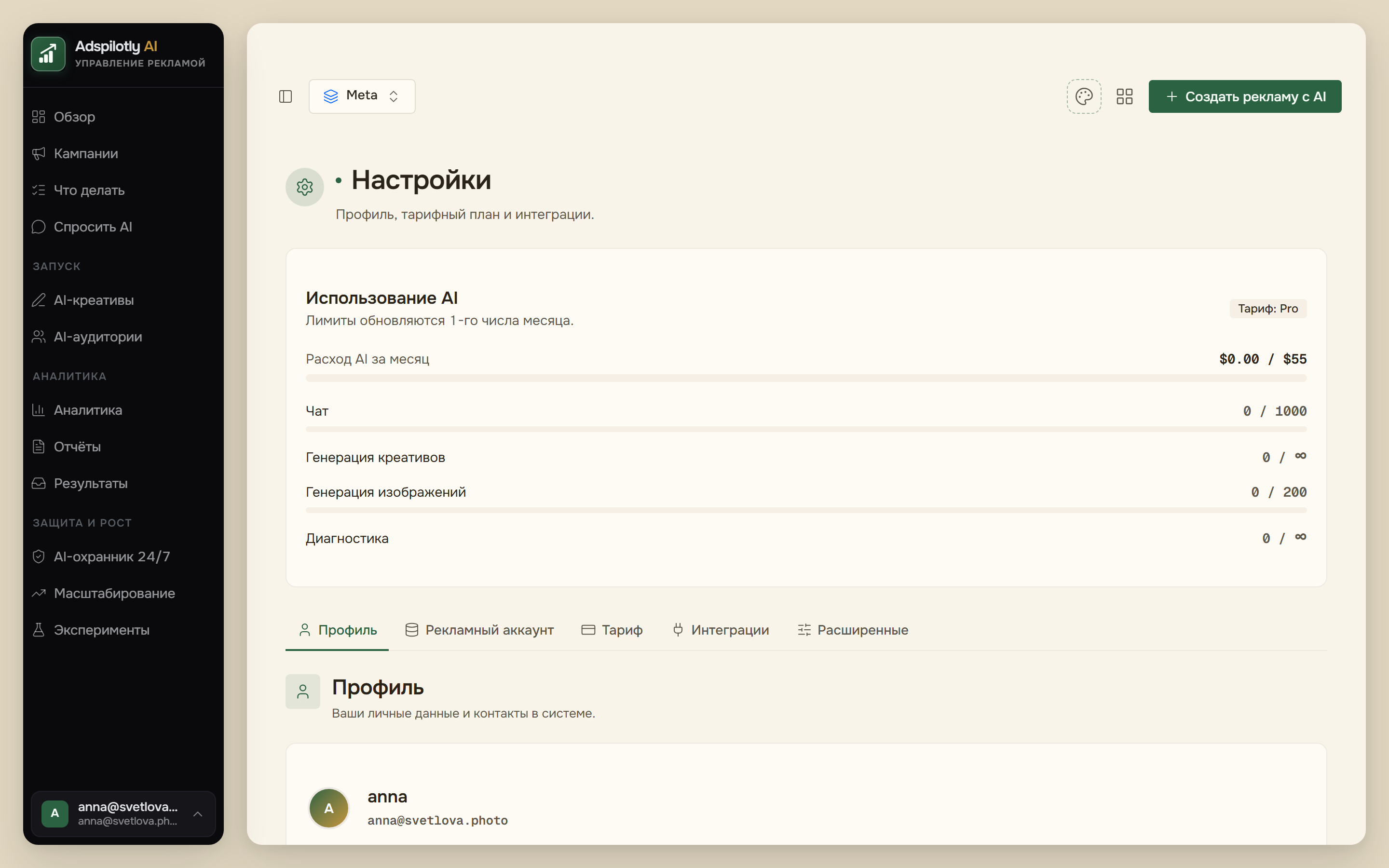 Карточка «Использование AI» с прогресс-барами по фичам и потолком месячных расходов